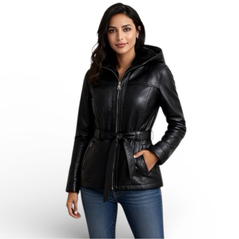 Wilson’s Leather Black Vintage Faux Fur Lined Hooded Winter Coat Waist Belt